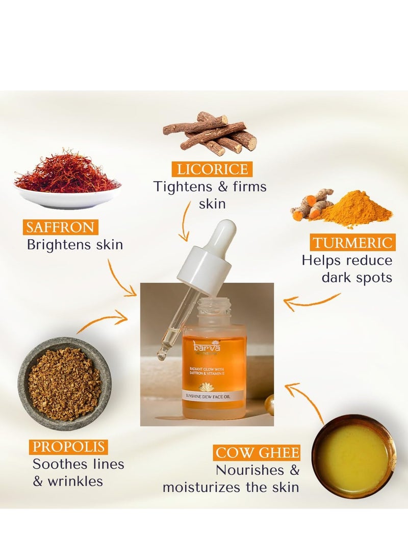Barva Sunshine Dew Face Oil For Radiant Youthful Glowing Skin Contains Saffron Vitamin E Turmeric Liquorice Ghee blend 30ML