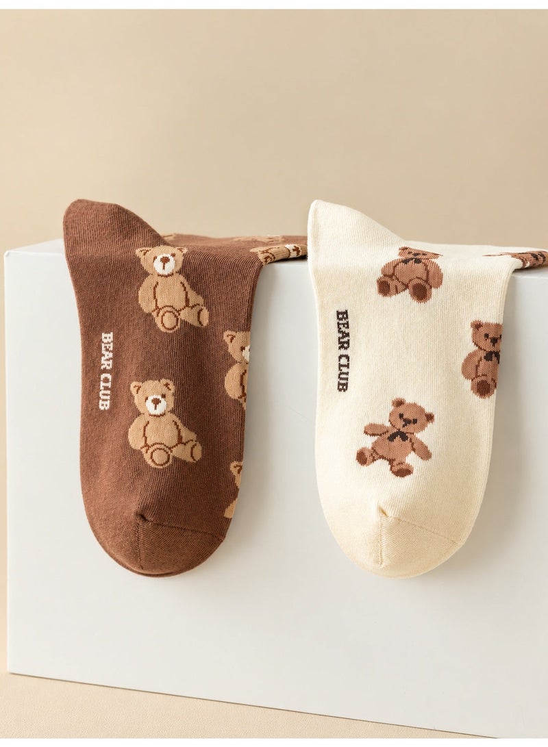Socks For Ladies Cotton 5 Pairs Multicolor Bear Pattern And Striped Socks in Brown, Beige, Off-White and Blue, Lightweight Everyday Spring Summer Socks, Free Size - Image 5