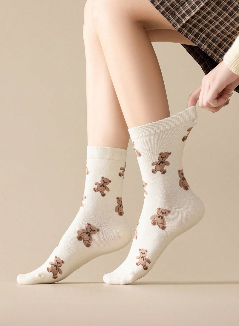 Socks For Ladies Cotton 5 Pairs Multicolor Bear Pattern And Striped Socks in Brown, Beige, Off-White and Blue, Lightweight Everyday Spring Summer Socks, Free Size - Image 3