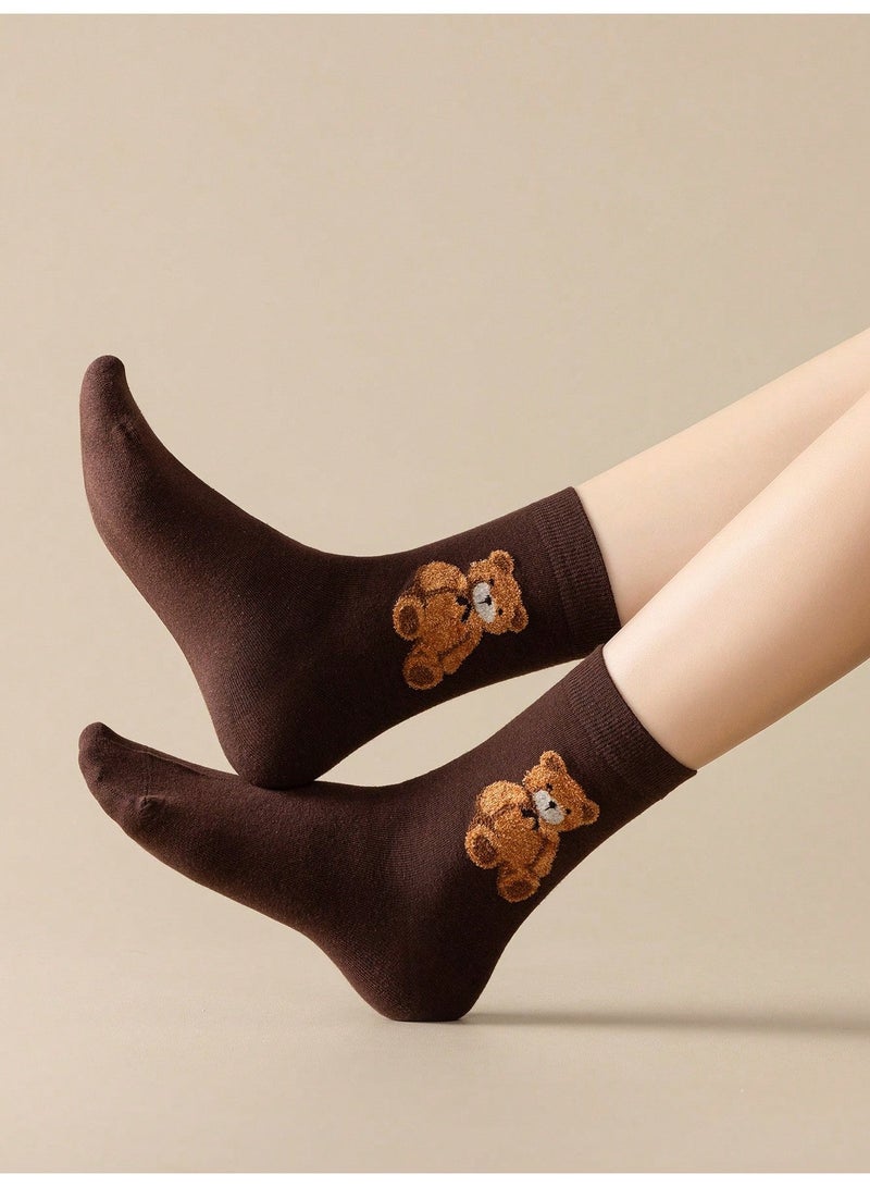 Socks For Ladies Cotton 5 Pairs Multicolor Bear Pattern And Striped Socks in Brown, Beige, Off-White and Blue, Lightweight Everyday Spring Summer Socks, Free Size - Image 4