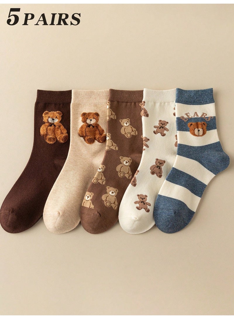 Socks For Ladies Cotton 5 Pairs Multicolor Bear Pattern And Striped Socks in Brown, Beige, Off-White and Blue, Lightweight Everyday Spring Summer Socks, Free Size - Image 2