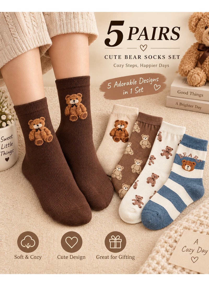 Socks For Ladies Cotton 5 Pairs Multicolor Bear Pattern And Striped Socks in Brown, Beige, Off-White and Blue, Lightweight Everyday Spring Summer Socks, Free Size - Image 1