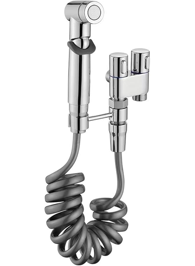 The Bros Handheld Bidet Sprayer for Toilet, 1-In-2-Out Dual Control Valve Bidet Attachment, Adjustable Water Pressure Control Hand Sprayer Kit for Feminine Wash, Pet, Cloth (Silver) - Image 1