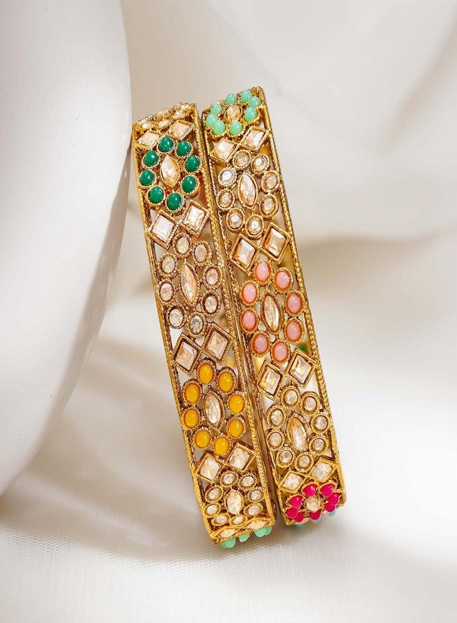 Rubans Set of 2 22K Gold Plated Multicolour Kundan Beaded Floral Bangles Traditional Wedding Jewellery for Women & Girls - Image 3