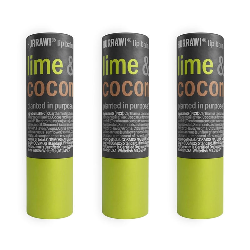 Hurraw Lime  Coconut Lip Balm 3 Pack PlasticFree with new cardboard pushup tube Certified Organic All Natural Origin Vegan  Cruelty Free Gluten Free Bee Shea Soy  Palm Free Made in USA