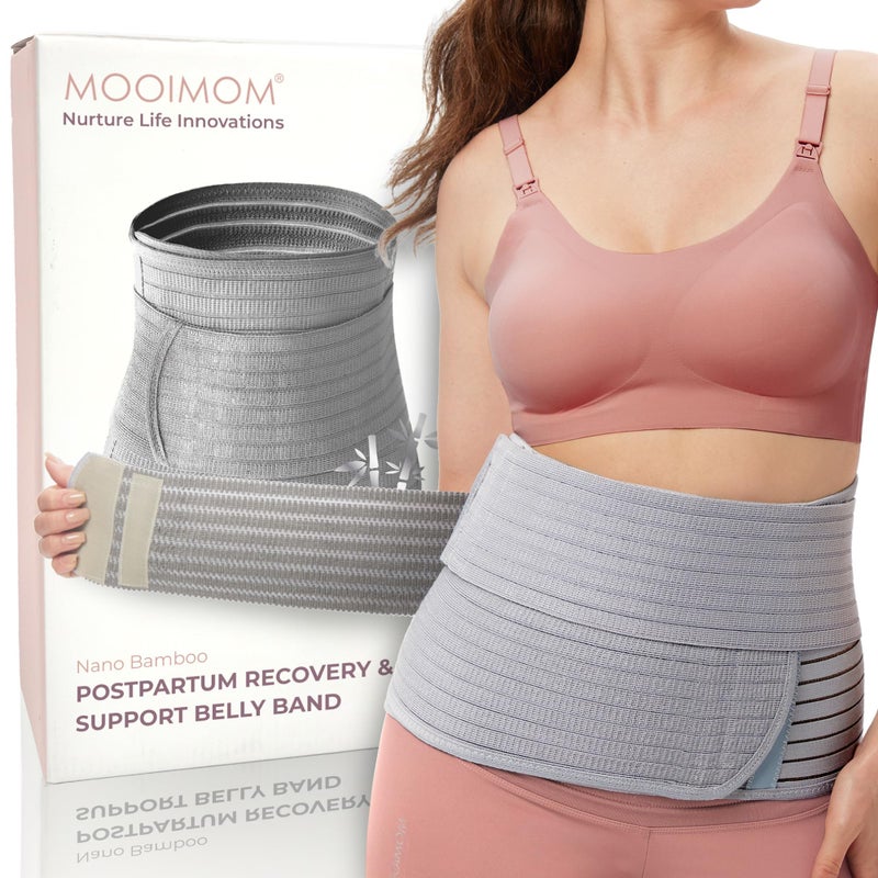 MOOIMOM Postpartum Belly Wrap Band Abdominal Binder Post Surgery CSection Hernia Support Belt Waist Pelvis Belt for Stomach Back Pain Relief Polyester Made with Bamboo Charcoal Fiber