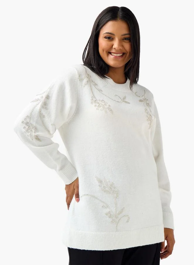 Ulla Popken Ulla Popken Relaxed Fit Embellished Round Neck Sweater