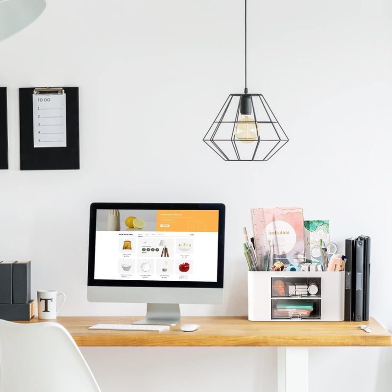 RECLUSE White Desk Organiser, Table Organiser, Desk Organiser with 5 Compartments and 2 Small Drawers Organizer for Home or School, Office Organiser, Small Items Such as Stationery and Remote Control - Image 3