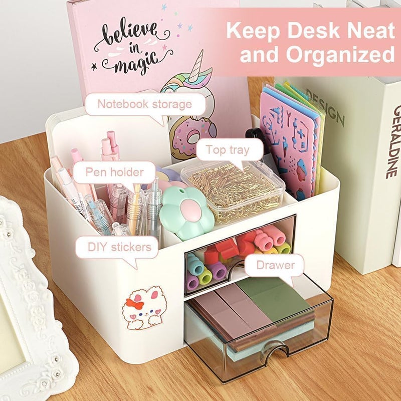 RECLUSE White Desk Organiser, Table Organiser, Desk Organiser with 5 Compartments and 2 Small Drawers Organizer for Home or School, Office Organiser, Small Items Such as Stationery and Remote Control - Image 5