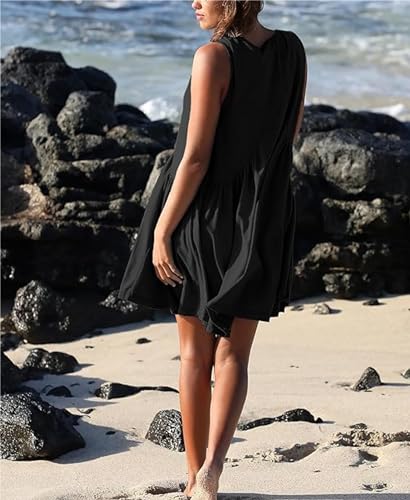 OPCAKM Women's V Neck Sleeveless Mini Dress Loose Summer Pleated Swing Flowy Sundress(Black-L) - Image 3