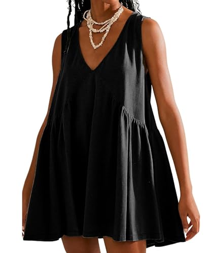 OPCAKM Women's V Neck Sleeveless Mini Dress Loose Summer Pleated Swing Flowy Sundress(Black-L) - Image 1