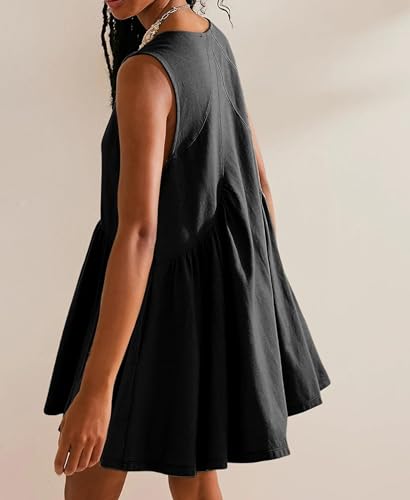 OPCAKM Women's V Neck Sleeveless Mini Dress Loose Summer Pleated Swing Flowy Sundress(Black-L) - Image 4