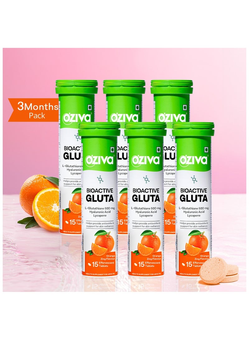 OZiva بيو أكتيف غلوتا فزي - 5 مضادات أكسدة قوية | أقراص الجلوتاثيون للإشراق والتألق | مع حمض الهيالورونيك، الليكوبين، الأستازانتين - نكهة البرتقال، عبوة من 6 (90 قرص) - Image 1