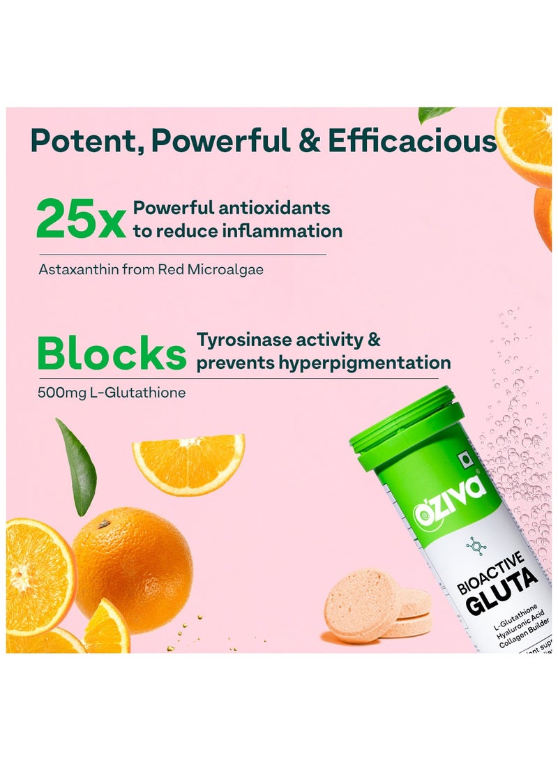 OZiva بيو أكتيف غلوتا فزي - 5 مضادات أكسدة قوية | أقراص الجلوتاثيون للإشراق والتألق | مع حمض الهيالورونيك، الليكوبين، الأستازانتين - نكهة البرتقال، عبوة من 6 (90 قرص) - Image 3