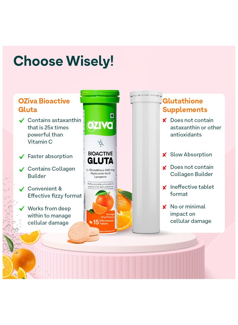 OZiva بيو أكتيف غلوتا فزي - 5 مضادات أكسدة قوية | أقراص الجلوتاثيون للإشراق والتألق | مع حمض الهيالورونيك، الليكوبين، الأستازانتين - نكهة البرتقال، عبوة من 6 (90 قرص) - Image 5