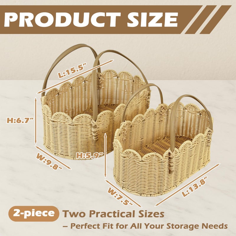 VERSSURE Scalloped Baskets with Handles,Hand-woven Rattan Basket,Wicker Basket with Scalloped Edge,Scalloped Storage Baskets for Home Organizing and Decor(Set of 2-Natural) - Image 3