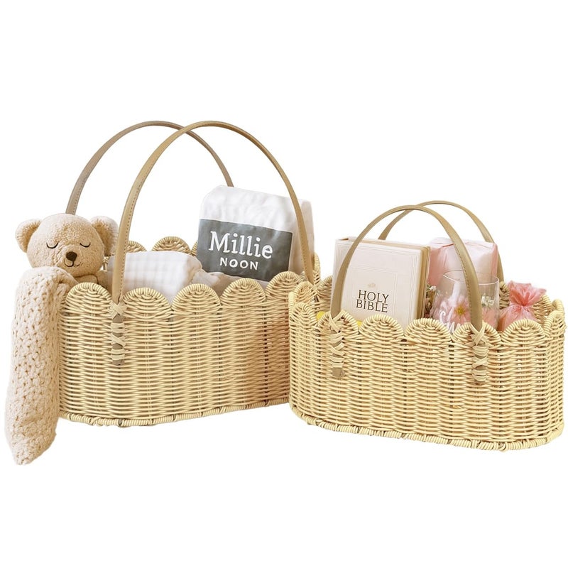 VERSSURE Scalloped Baskets with Handles,Hand-woven Rattan Basket,Wicker Basket with Scalloped Edge,Scalloped Storage Baskets for Home Organizing and Decor(Set of 2-Natural) - Image 1