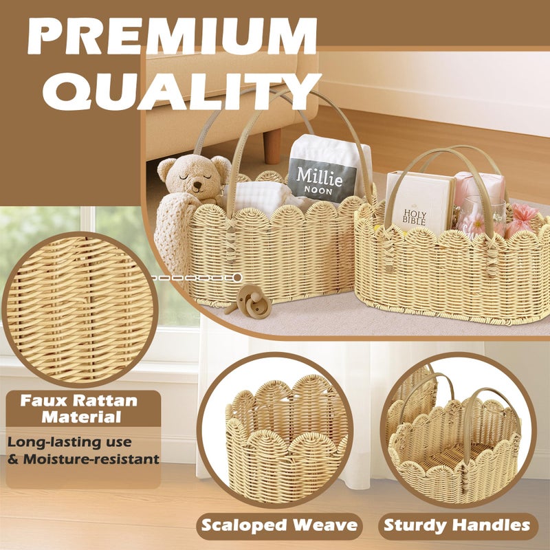 VERSSURE Scalloped Baskets with Handles,Hand-woven Rattan Basket,Wicker Basket with Scalloped Edge,Scalloped Storage Baskets for Home Organizing and Decor(Set of 2-Natural) - Image 4