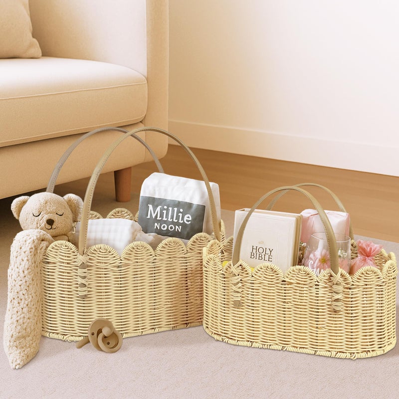 VERSSURE Scalloped Baskets with Handles,Hand-woven Rattan Basket,Wicker Basket with Scalloped Edge,Scalloped Storage Baskets for Home Organizing and Decor(Set of 2-Natural) - Image 2