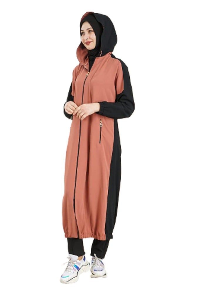 Lamora Women's Long Sleeve Stylish Practical Zippered & Embroidered Abaya with Hoodie, Trench Coat For loadies in Arbic and western style Tan - Image 1