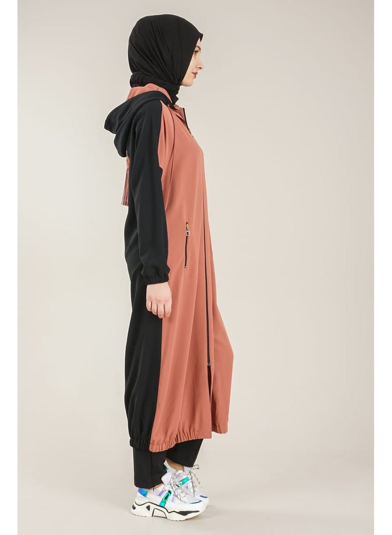 Lamora Women's Long Sleeve Stylish Practical Zippered & Embroidered Abaya with Hoodie, Trench Coat For loadies in Arbic and western style Tan - Image 2