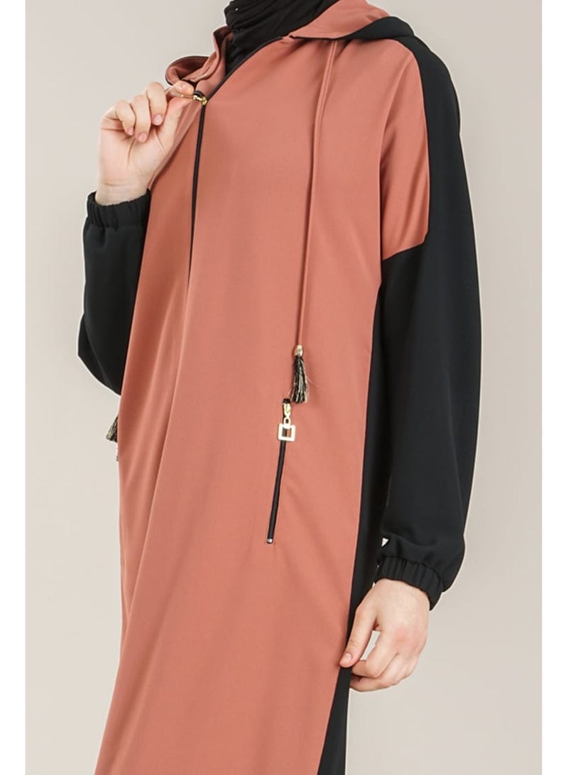 Lamora Women's Long Sleeve Stylish Practical Zippered & Embroidered Abaya with Hoodie, Trench Coat For loadies in Arbic and western style Tan - Image 3