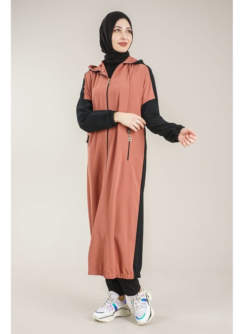 Lamora Women's Long Sleeve Stylish Practical Zippered & Embroidered Abaya with Hoodie, Trench Coat For loadies in Arbic and western style Tan - Image 4
