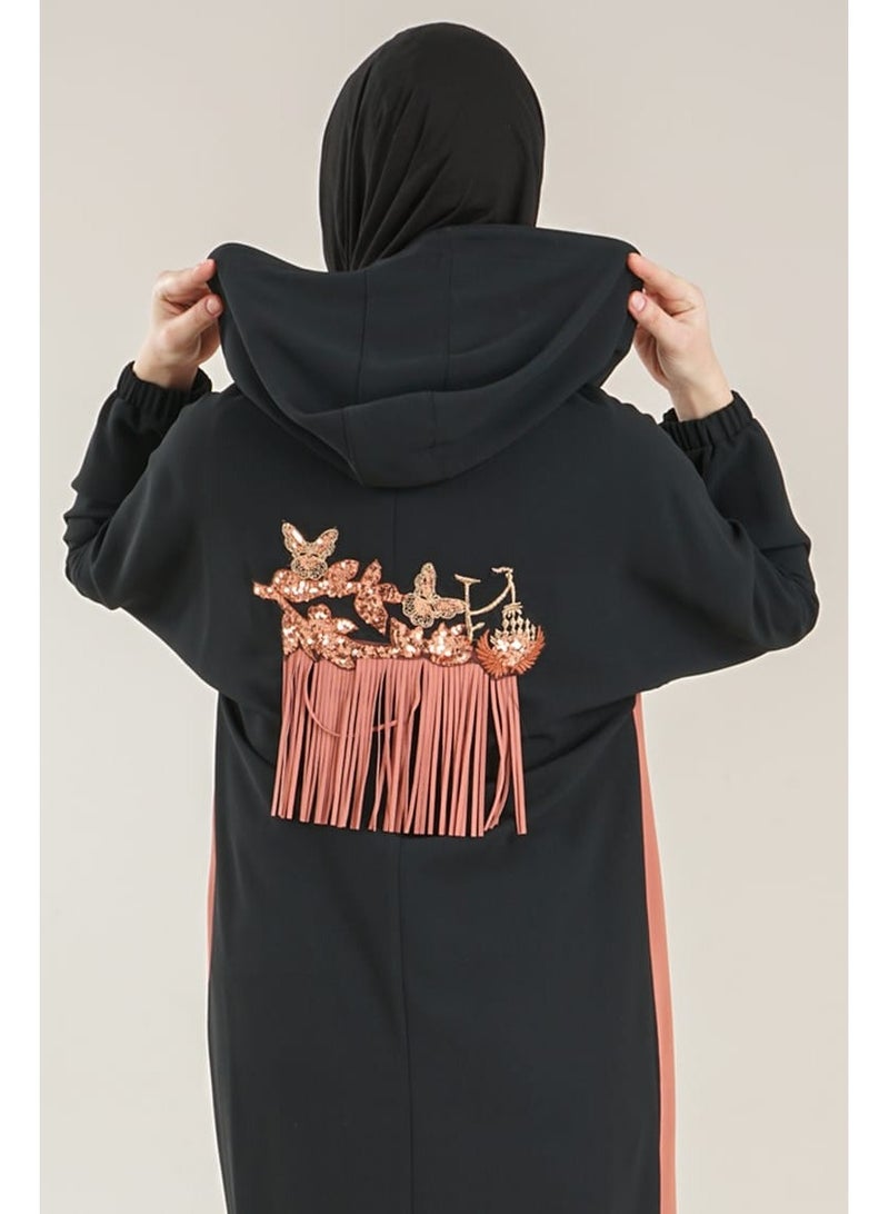 Lamora Women's Long Sleeve Stylish Practical Zippered & Embroidered Abaya with Hoodie, Trench Coat For loadies in Arbic and western style Tan - Image 5