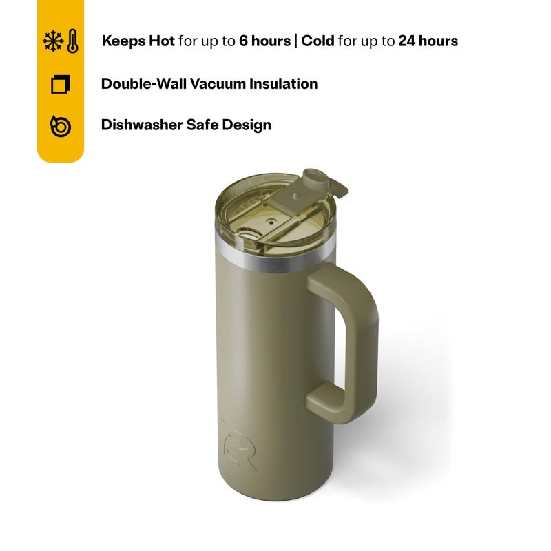 RTIC 20oz Road Trip Travel Mug with Lid and Handle, Ceramic Lined, Insulated, Stainless Steel, Metal, Double Wall Vacuum-Insulation, Portable Coffee, Tea Cup for Hot and Cold Drink, Olive - Image 3
