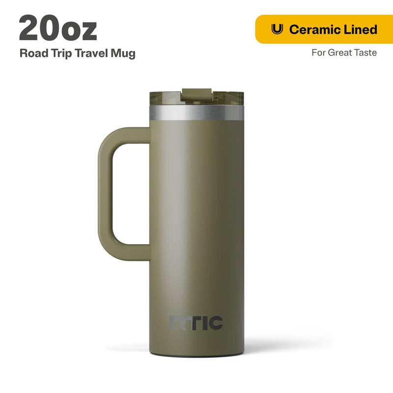 RTIC 20oz Road Trip Travel Mug with Lid and Handle, Ceramic Lined, Insulated, Stainless Steel, Metal, Double Wall Vacuum-Insulation, Portable Coffee, Tea Cup for Hot and Cold Drink, Olive - Image 2