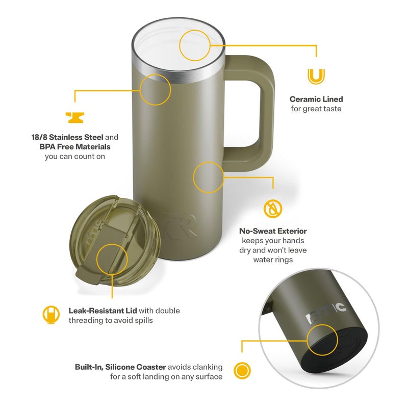 RTIC 20oz Road Trip Travel Mug with Lid and Handle, Ceramic Lined, Insulated, Stainless Steel, Metal, Double Wall Vacuum-Insulation, Portable Coffee, Tea Cup for Hot and Cold Drink, Olive - Image 4