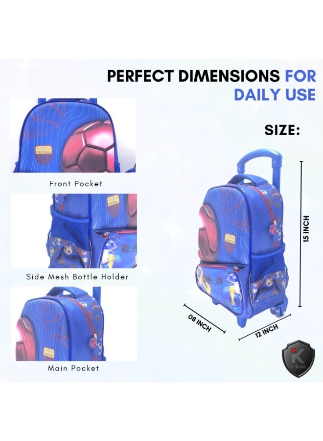 i-Kola Blue Football 15T3 15-Inch 3D 3PC Kids Trolley Set | Rolling School Bag with Spill-Proof Lunch Bag & Pencil Case | Wheeled School Luggage for Boys & Girls (IK362-15T3) - Image 2