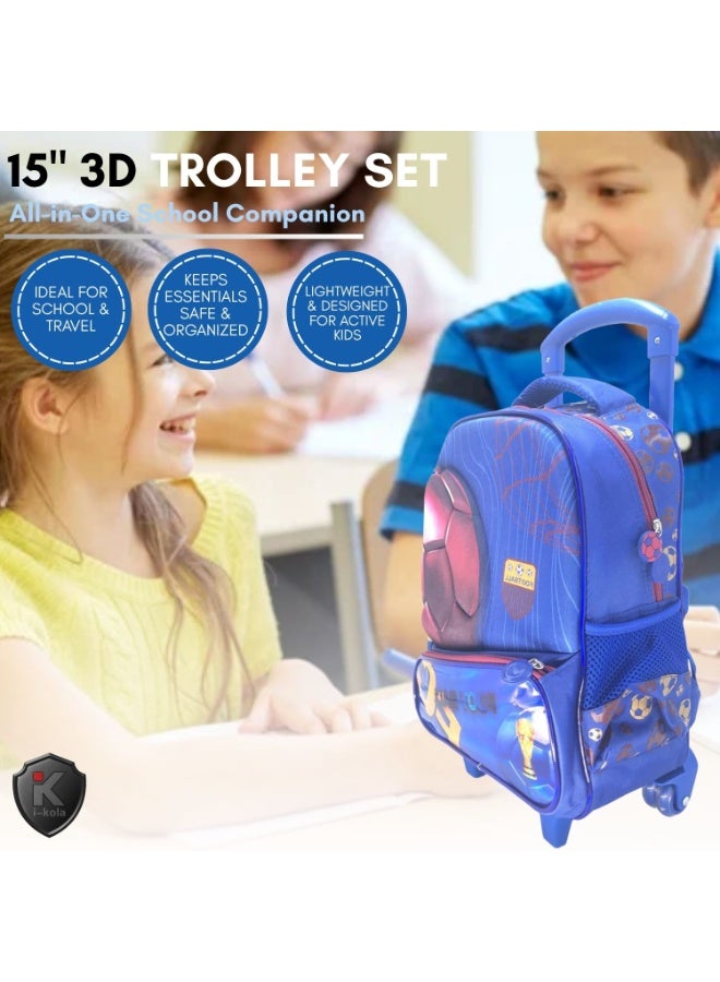 i-Kola Blue Football 15T3 15-Inch 3D 3PC Kids Trolley Set | Rolling School Bag with Spill-Proof Lunch Bag & Pencil Case | Wheeled School Luggage for Boys & Girls (IK362-15T3) - Image 3