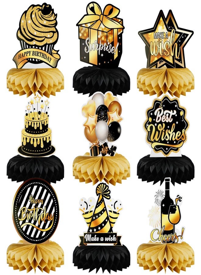 Ethanberg 9Pcs Happy Birthday Party Table Decorations, Black Gold Honeycomb Centerpieces for Table, Birthday Table Toppers for Party Favor Photo Booth Props, Center Pieces for Men Woman - Image 1