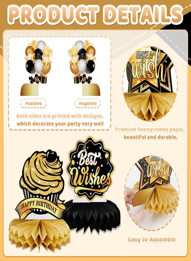 Ethanberg 9Pcs Happy Birthday Party Table Decorations, Black Gold Honeycomb Centerpieces for Table, Birthday Table Toppers for Party Favor Photo Booth Props, Center Pieces for Men Woman - Image 3