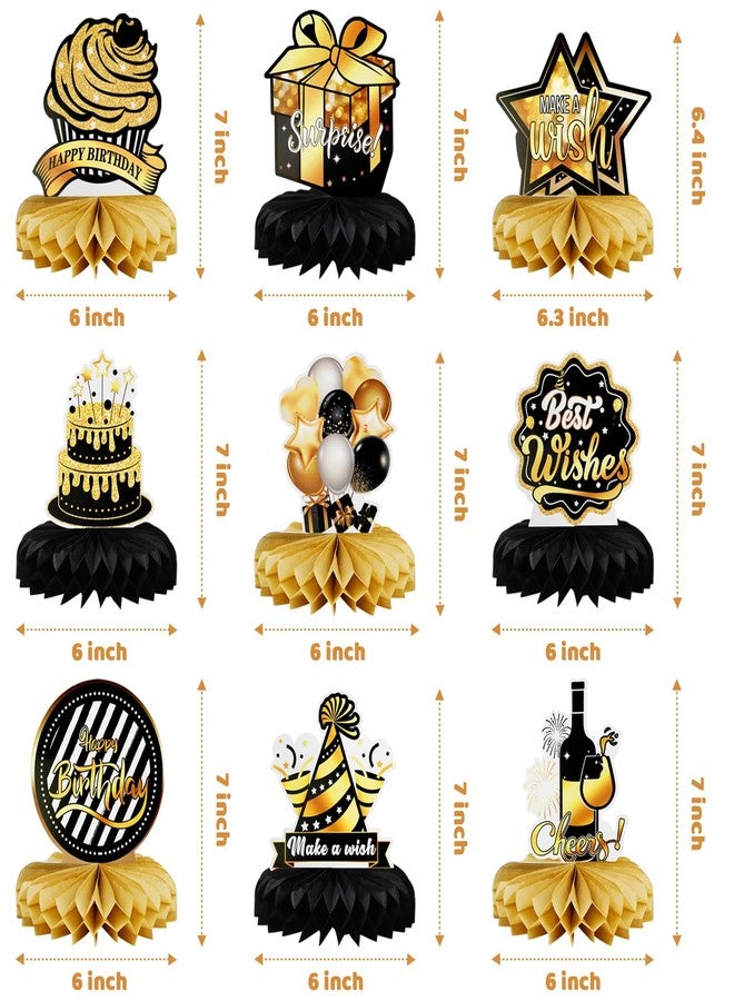 Ethanberg 9Pcs Happy Birthday Party Table Decorations, Black Gold Honeycomb Centerpieces for Table, Birthday Table Toppers for Party Favor Photo Booth Props, Center Pieces for Men Woman - Image 2
