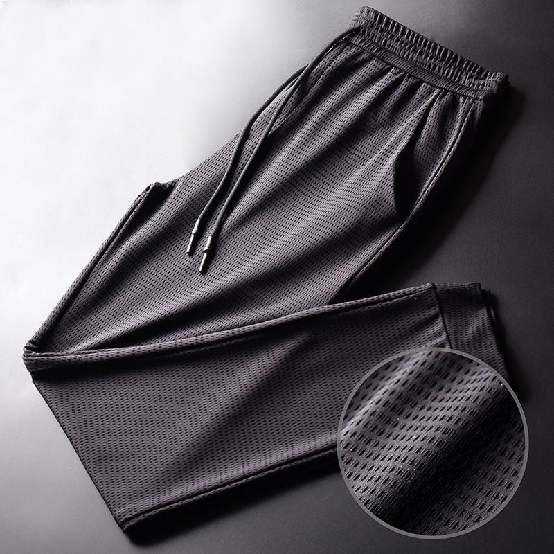 2021 New Summer Thin Mesh Ice Silk Pants Mens Loose plus size Stretch Casual Pants Work Labor Protection Pants Sweater Pants Pure black toe [high quality]]
