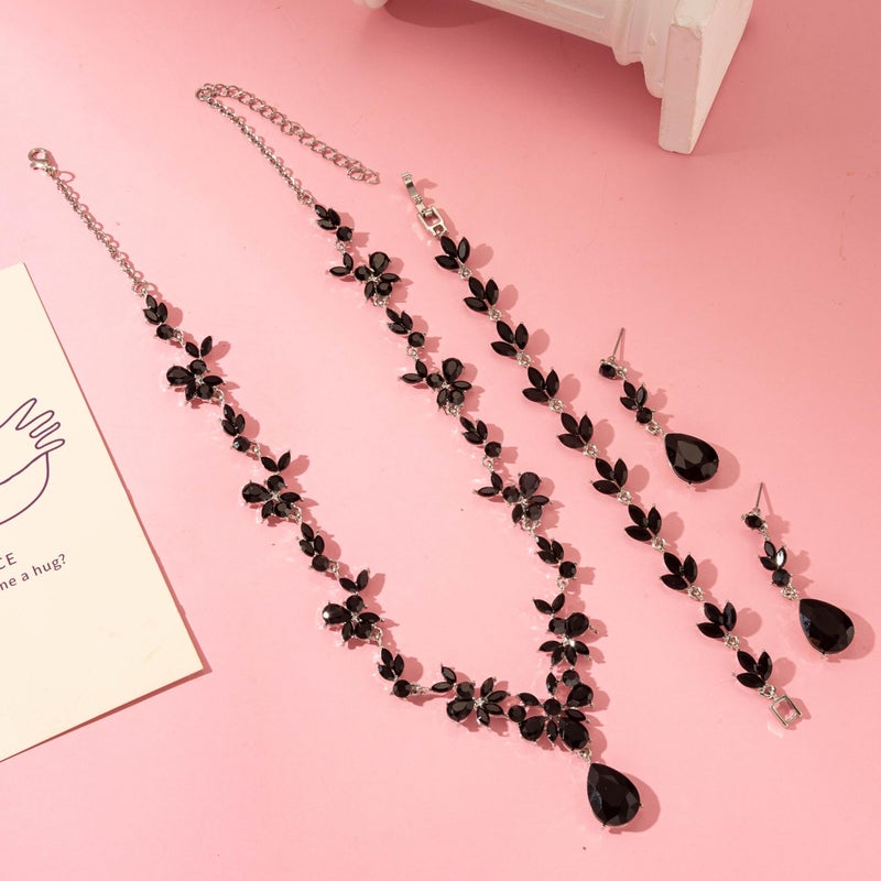 Paxuan Bridal Wedding Elegant Floral Jewelry Set for Women/Brides/Bridesmaids Crystal Jewelry Set for Wedding Prom Party Bridal Crystal Necklace Earrings Bracelet Set (Black (Silver)) - Image 4