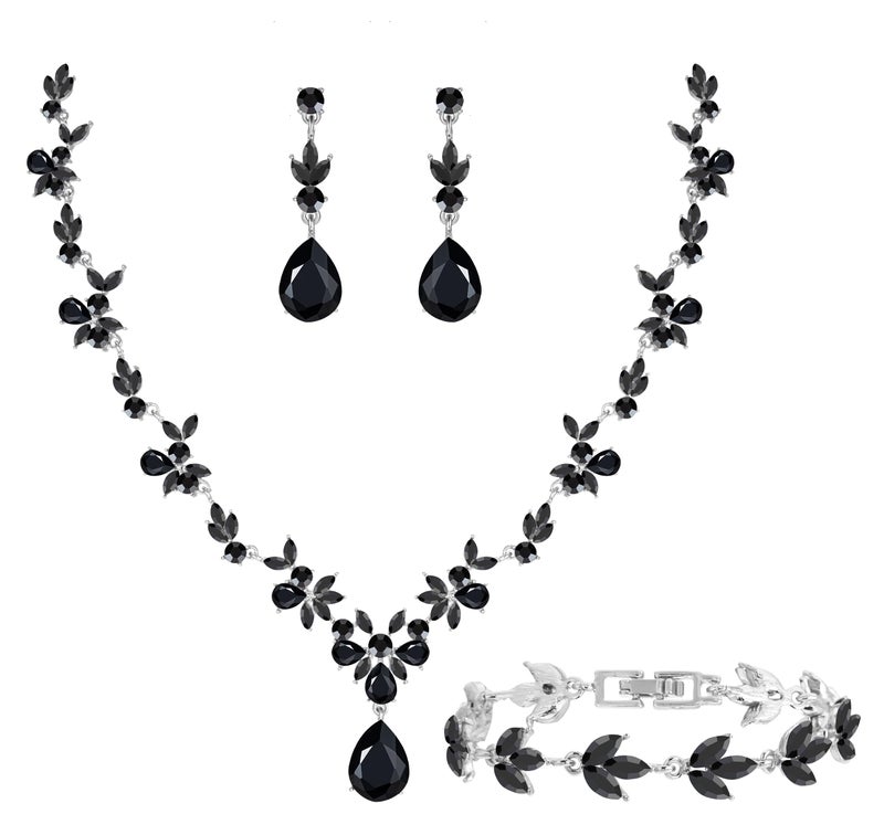 Paxuan Bridal Wedding Elegant Floral Jewelry Set for Women/Brides/Bridesmaids Crystal Jewelry Set for Wedding Prom Party Bridal Crystal Necklace Earrings Bracelet Set (Black (Silver)) - Image 1