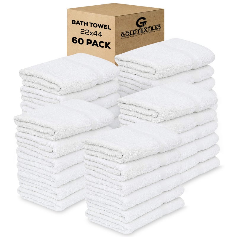 GOLD TEXTILES 60 Pack Economy White Bath Towels Bulk 22x44 Inches Cotton Blend MultiPurpose Hotel Towel for Commercial and Home Use  Lightweight Easy Care  Quick Drying Towels