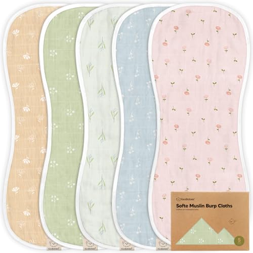 KeaBabies 5Pack Muslin Burp Cloths Baby Boy Girl Very Absorbent Baby Burp Cloth Rags 8Layers Viscose Derived from Bamboo Cotton Muslin Towel Super Soft Spit Up Rags No Shrink Washcloths Wild Bloom 