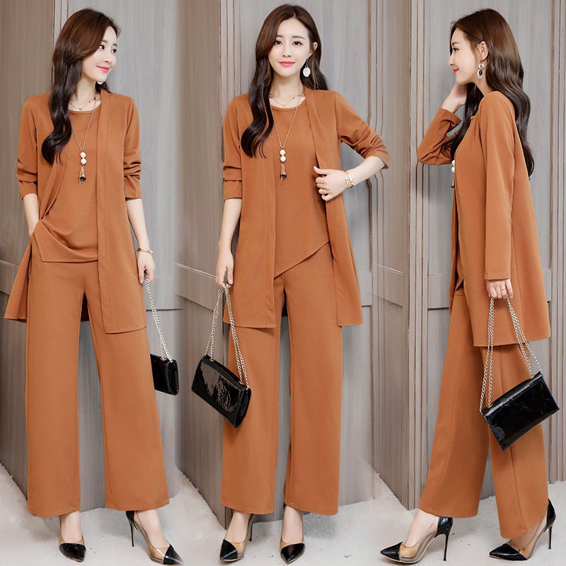 AliExpress 2021 Spring and Autumn new suit womens fashion casual loose vest wide leg pants three-piece set wish hot sale Caramel  - Image 1