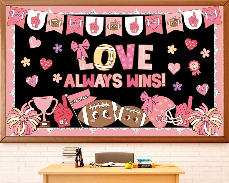 OBUSATT Valentine's Day Football Bulletin Board Valentine's Day Classroom Bulletin Board Pink Red Football Paper Cutouts Love Always Wins Classroom Decoration for School Home Office Chalkboard Wall Decor - Image 1