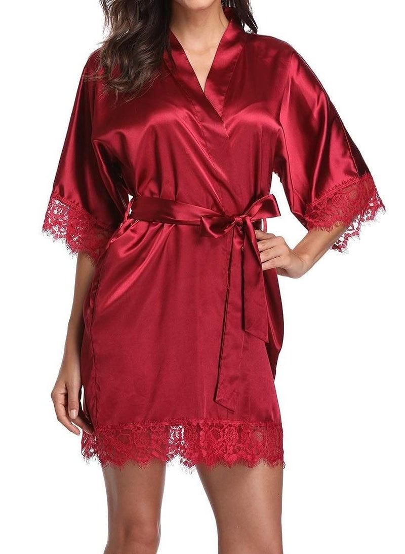 VITION Night Gown Set for Girl Women Underwear Lace Briefs and Longwear Robe Soft Silky (XXL) Red - Image 1