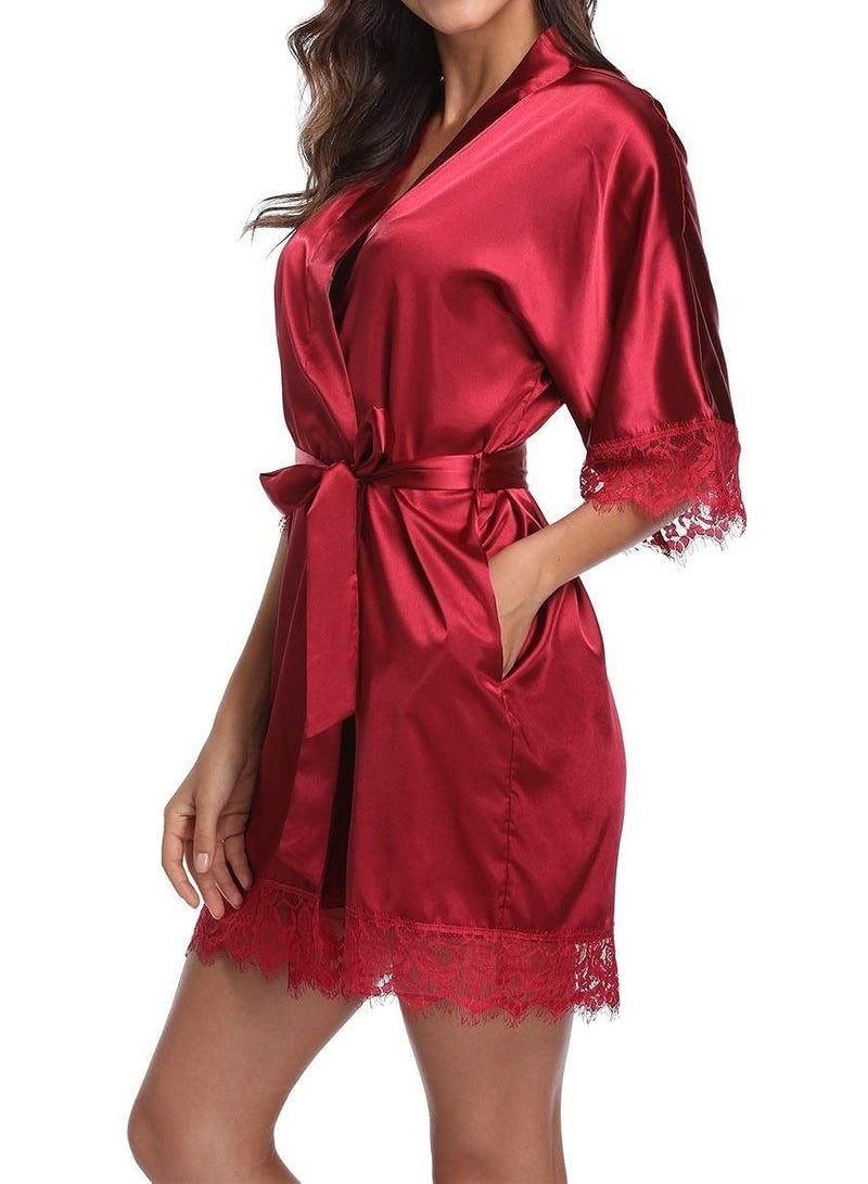 VITION Night Gown Set for Girl Women Underwear Lace Briefs and Longwear Robe Soft Silky (XXL) Red - Image 3