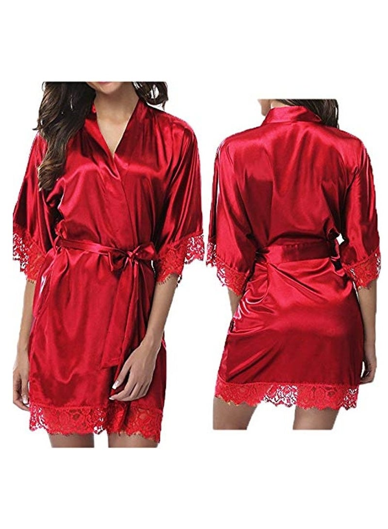 VITION Night Gown Set for Girl Women Underwear Lace Briefs and Longwear Robe Soft Silky (XXL) Red - Image 2