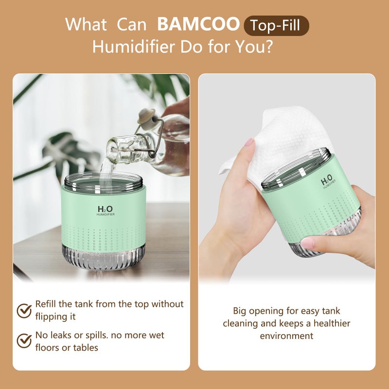 BAMCOO Small Humidifiers for Bedroom 350ml Mini Portable Humidifier for Travel Plants Humidifier, Humidificador for Bedroom Plants Travel Office Desk Car Light Green - Image 3