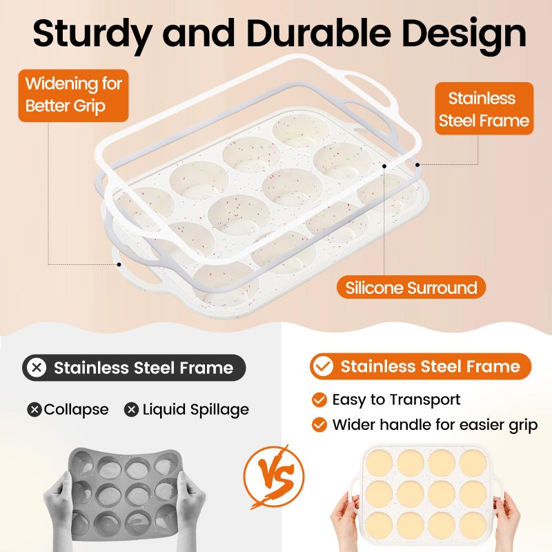 Fimary Silicone Muffin Pans for Baking 1 Pack, 2.8 Inch with Metal Reinforced Frame, Regular Size Nonstick Silicone Cupcake Pan 12 Cups for Baking Homemade Muffins, Cupcakes, Dishwasher Safe BPA Free - Image 4