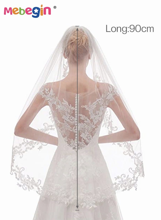 Women's Short Lace Wedding Bridal Veil With Comb 90cm White Ivory Embroidered Applique Veil for Bridal