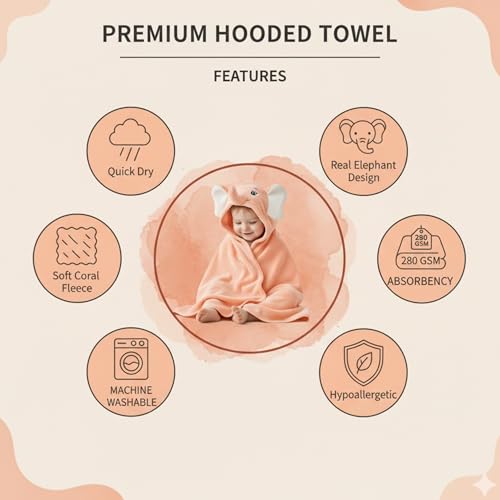 PAX PARROT Ultra-Soft Baby Hooded Towel – 100% Cotton Wrap Your Little one in Softness and Joy, Hypoallergenic & Super Absorbent Bath Wrap for Newborns & Toddlers | Cute Animal Design,(0-5Years) (Peach Elephant) - Image 2